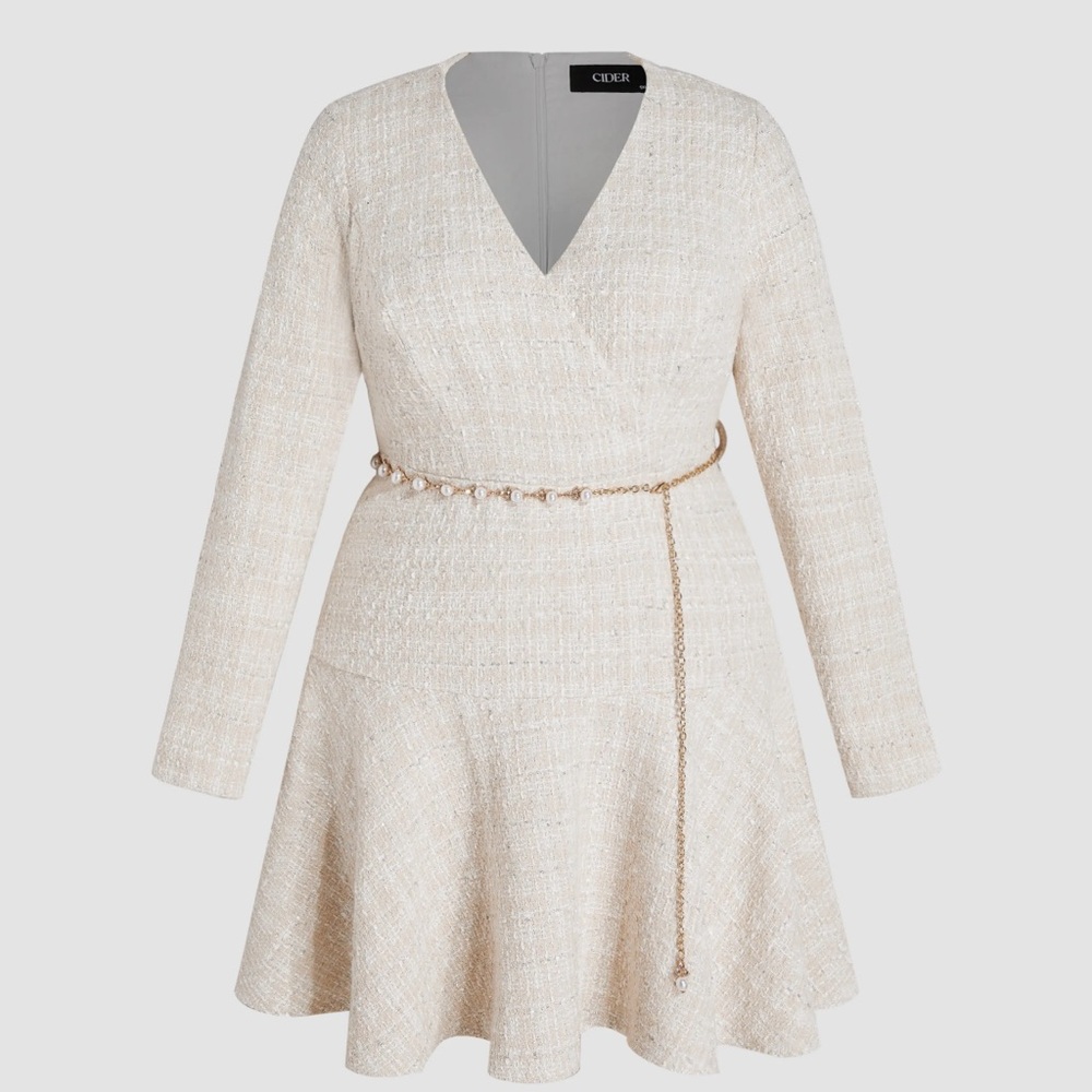 Tweed V-Neck Solid Faux Pearl Mini Dress (EUC)